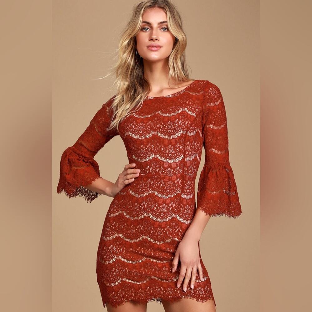 Lulus Heartthrob Rust Red Lace Flounce Sleeve Min… - image 1